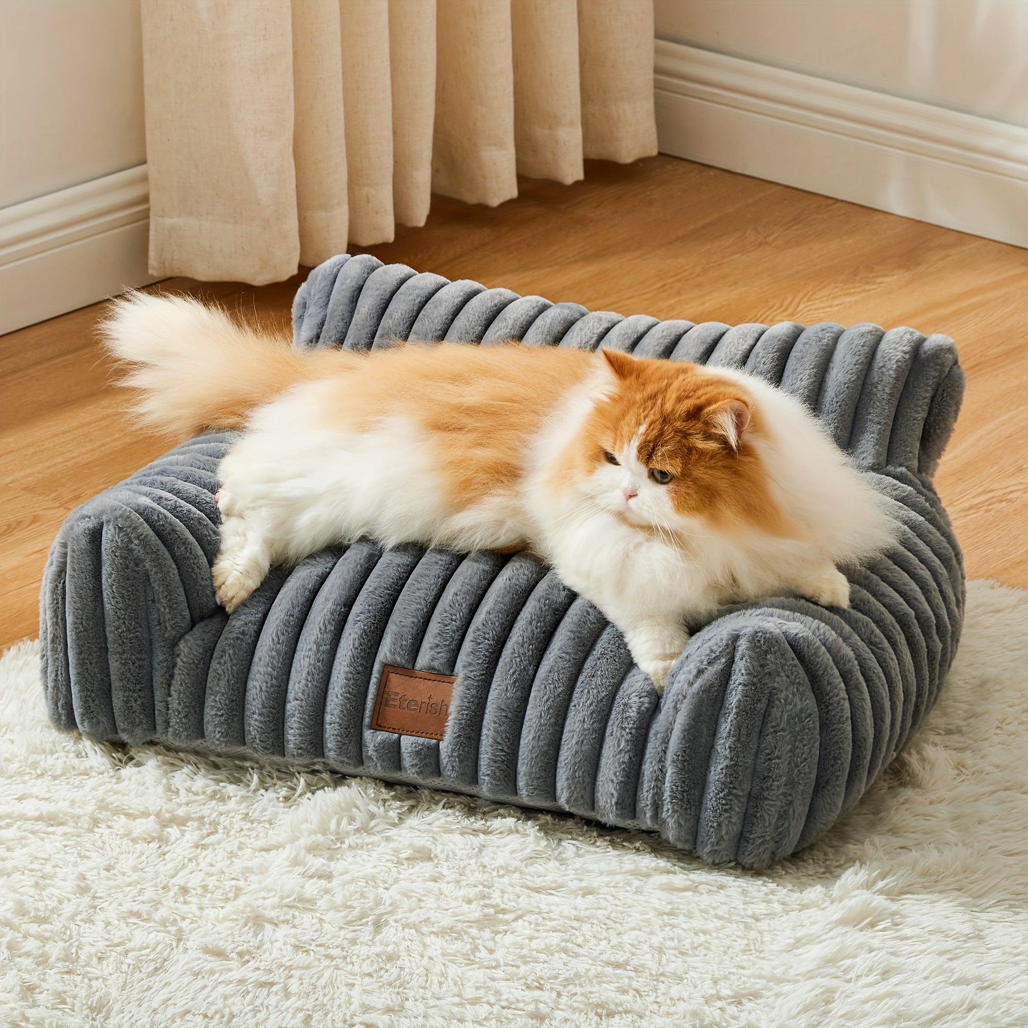 Cute Cat Couch, Fluffy Cat Sofa With Soft Corduroy Fleece, Fuzzy Pet Couch With Removable Washable Cover, Supportive Pet Sofa With Non-slip Bottom Dog Sofa Bed