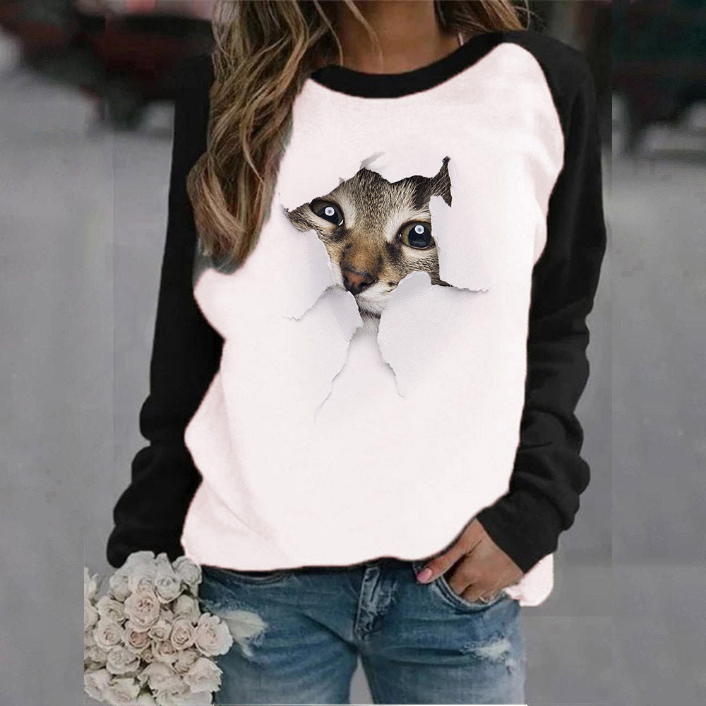 Cute Animal Print Crew Neck Sweatshirt for Women