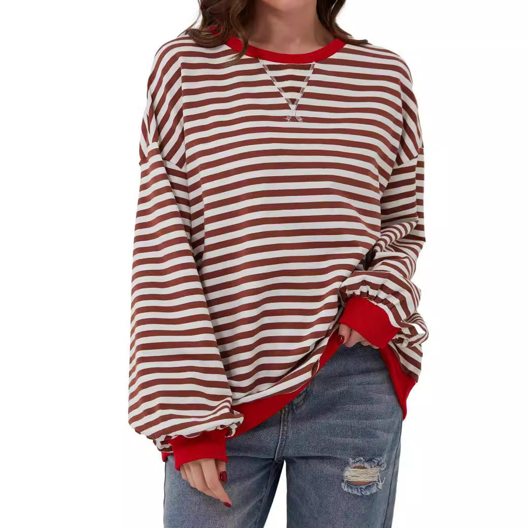 Casual Striped Round Neck Long Sleeve Slim Pullover Top