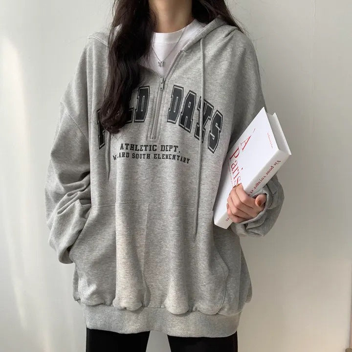 Youth Zipper Letter Sweater Casual Hoodie