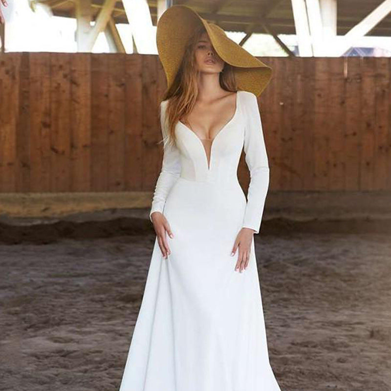 Elegant Deep-V Satin Long-Sleeve Wedding Dress