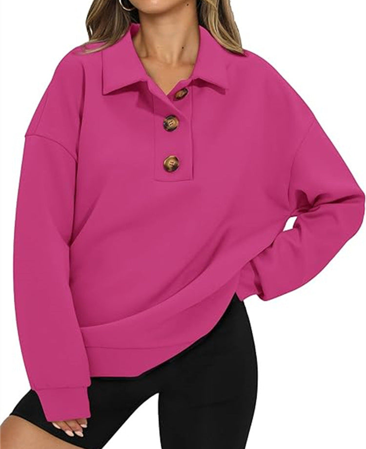 Cozy Solid Color Polo Collar Loose Long Sleeve Sweatshirt