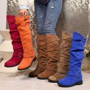 Women'S Solid Color Trendy Boots, Buckle Belt Pull on Heel High Knee Boots, Winter Round Toe Slouchy Boots