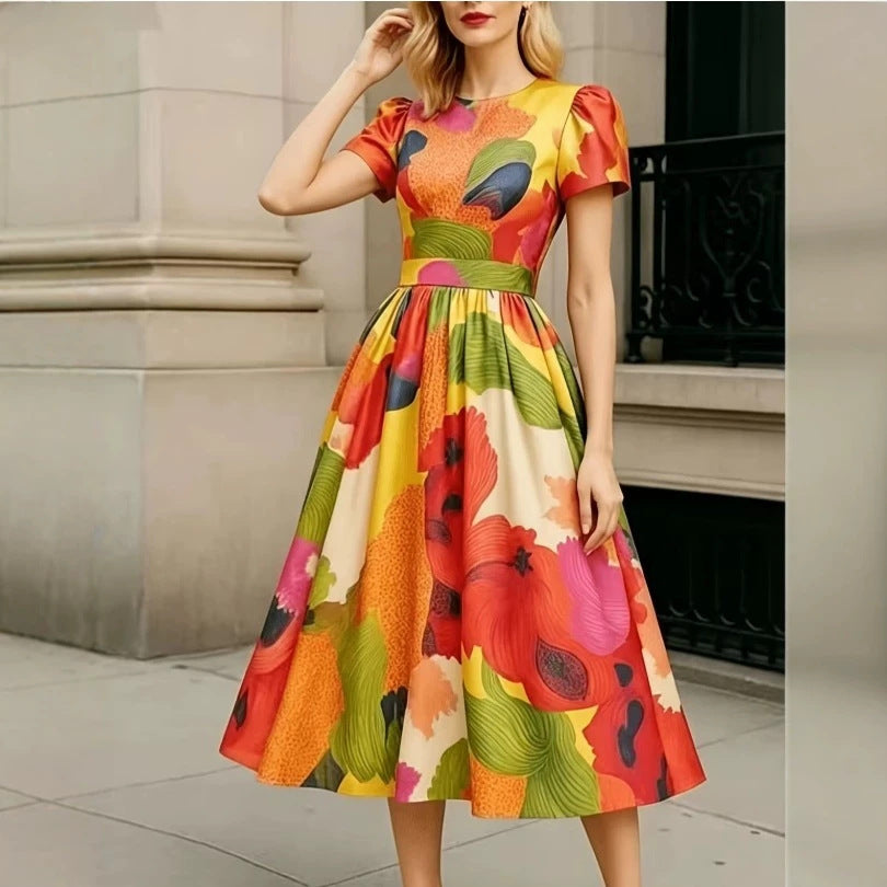 Womens Waist-cinching Puffed-sleeve Maxi Dress