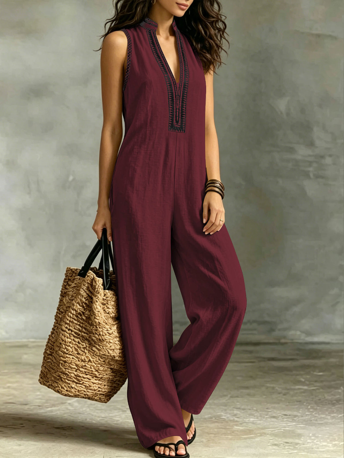 Women's Lace Trim Sleeveless Wide Leg Jumpsuit with Pockets