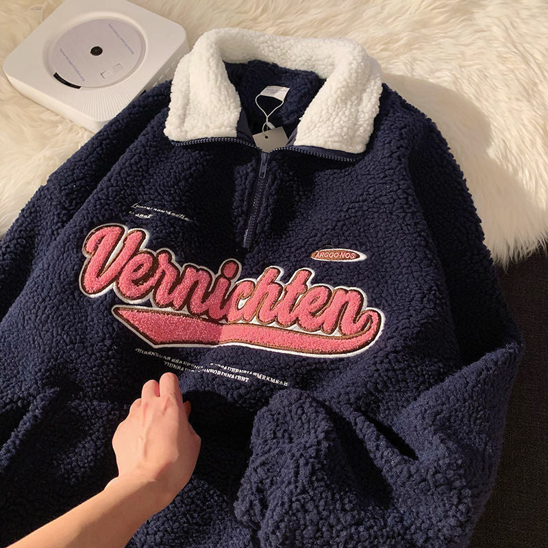 Cozy Retro Half-Zip Lambswool Hoodie with Embroidery