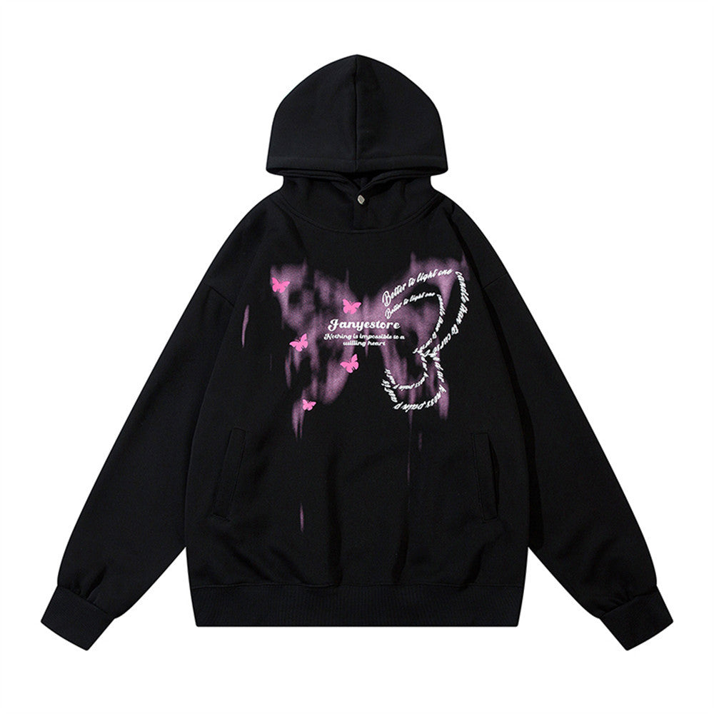 Butterfly Print Street Style Loose Hooded Pullover