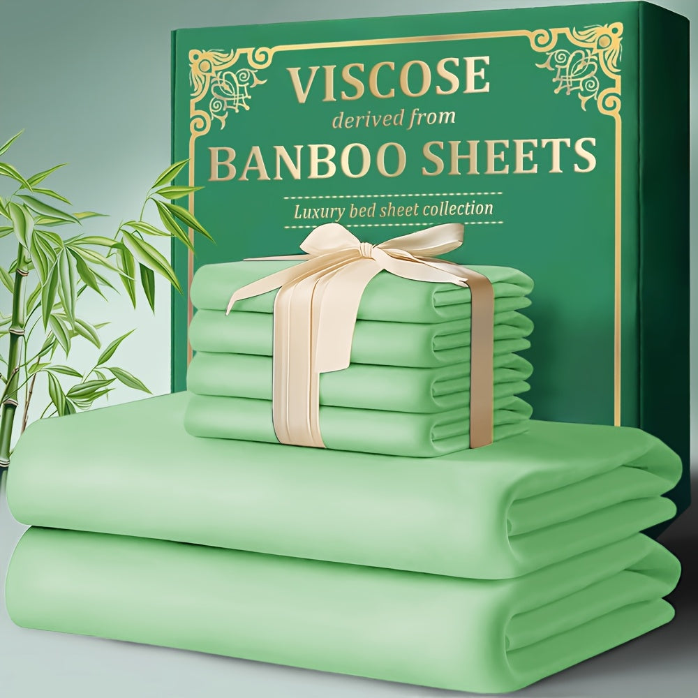 4pcs Bamboo Cooling Bed Sheet Set - Ultra Soft & Breathable, Shrink-Resistant, Smooth & Comfortable for All Season | Deep Pocket Fitted Sheet, Flat Sheet, Pillowcases | Room Decor, Hot Sleepers, Ho...