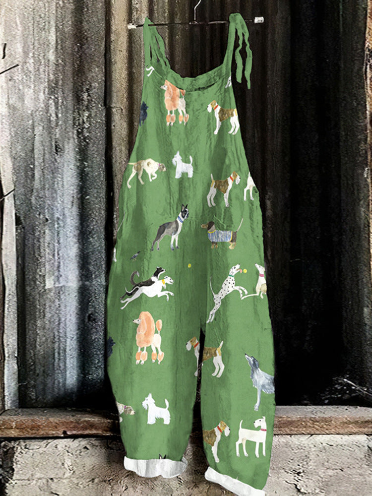 Vintage Sweet Print Loose Suspender Pants for Women