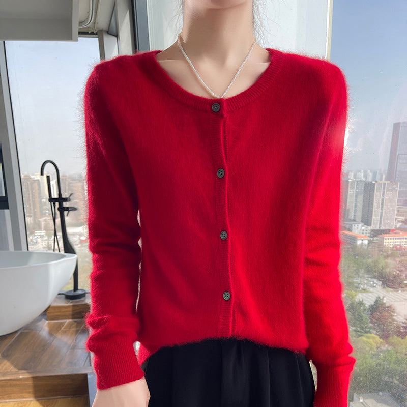 Womens Loose Button-up Solid-color Cropped Sweater with a Crew Neck