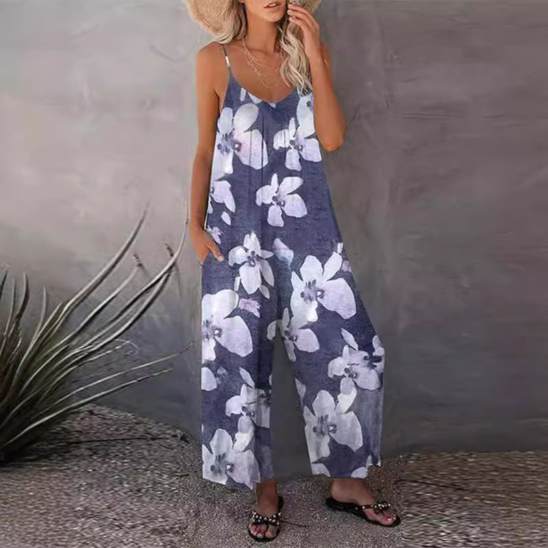 Womens Printed Strap Loose Wide-leg Jumpsuit