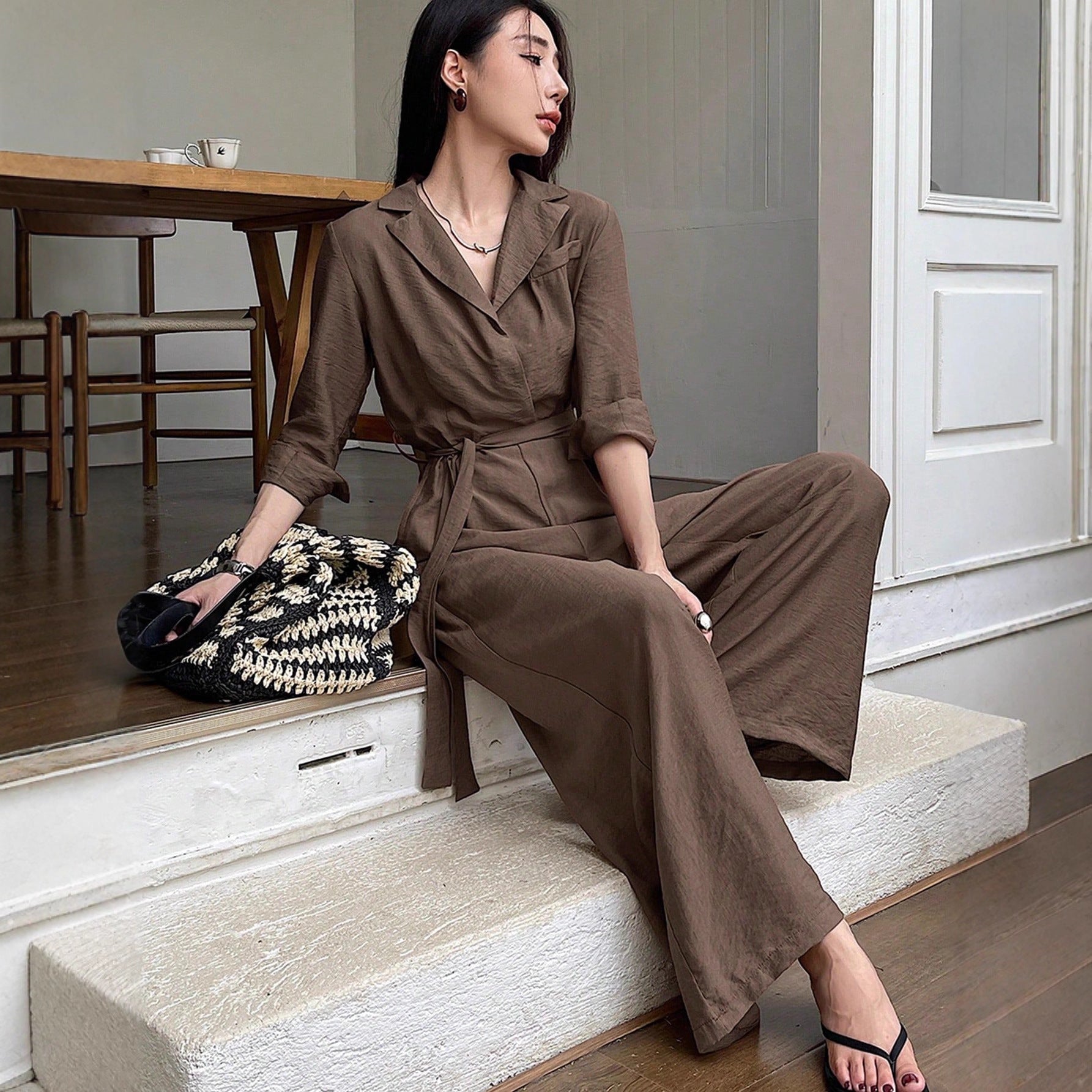 Elegant V-Neck Lace-Up Wide-Leg Jumpsuit