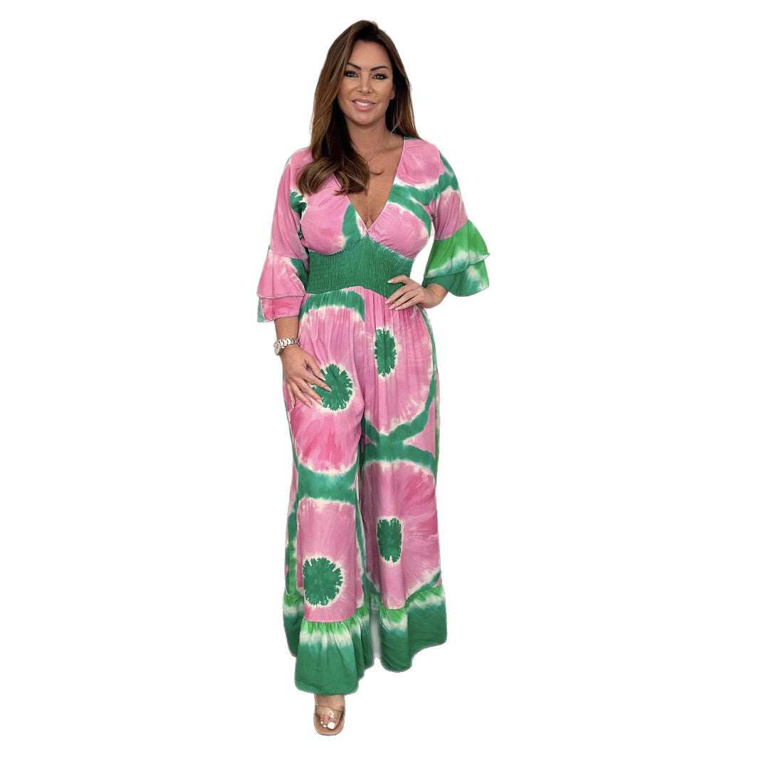 Plus Size Tie-Dye Bell-Sleeve Wide-Leg Jumpsuit