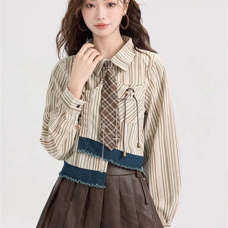 Preppy Style Springsummer Chic Striped Shirt Women's Irregular Short Long Sleeve