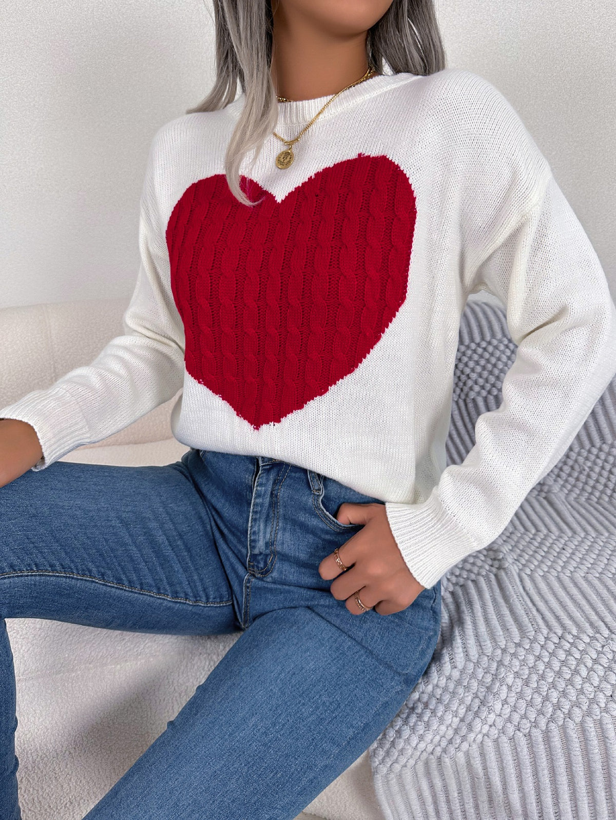 Women Cable Knit Heart Long Sleeve Pullover Sweater