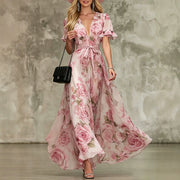 Sexy Deep-v-neck Ruffled-sleeve Printed Dress