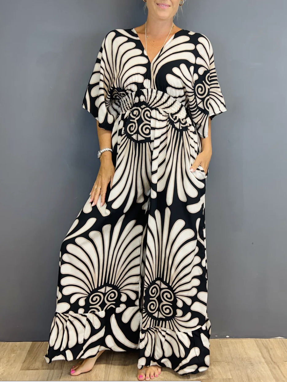 Plus Size V-Neck Printed High-Waist Jumpsuit