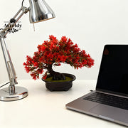 Artificial red foliage bonsai tree with ceramic pot for indoor decoration