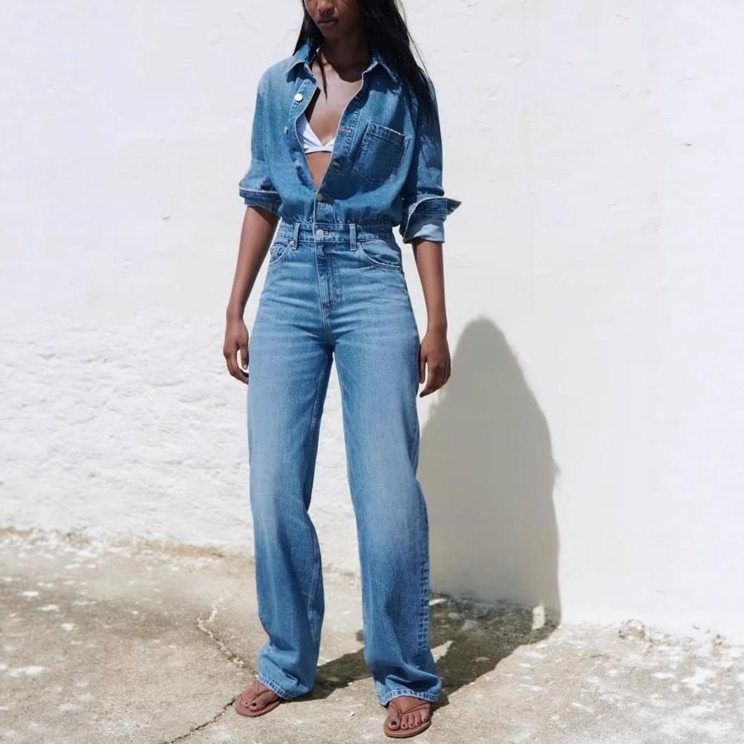Women's Stylish Denim Long Jumpsuit with Turn-Down Collar