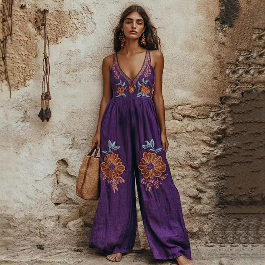 Retro Floral Cotton-Linen Wide-Leg Jumpsuit
