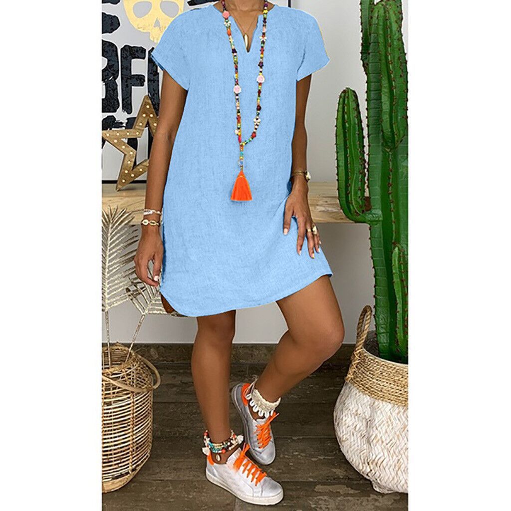 New Amazon Wish Hot Spring Summer Loose Skirt Short Sleeve V-neck S…