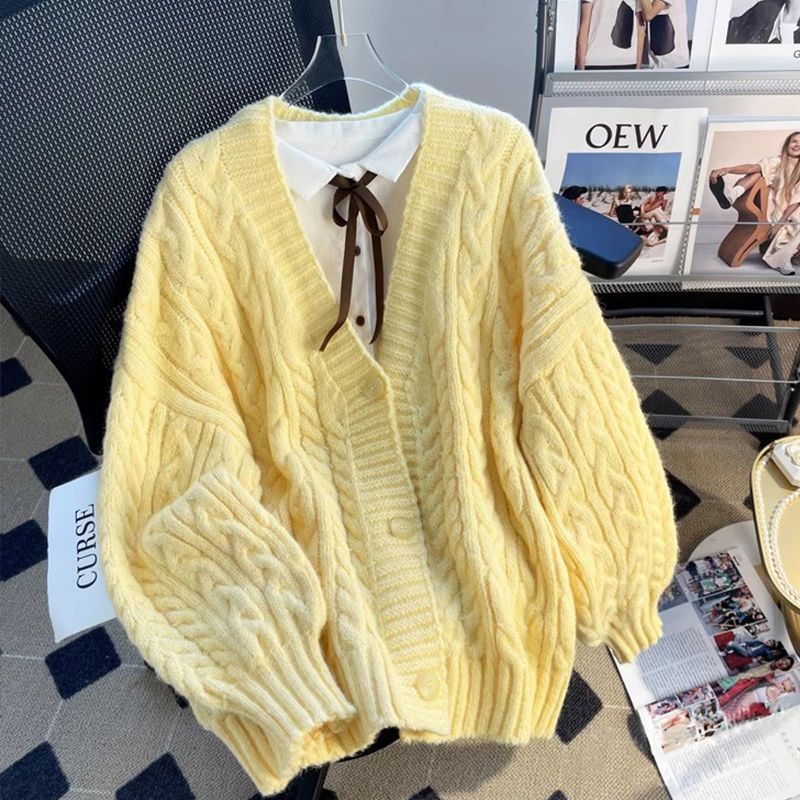 Womens Solid-color Loose Soft Textured Cable-knit Sweater Jacket