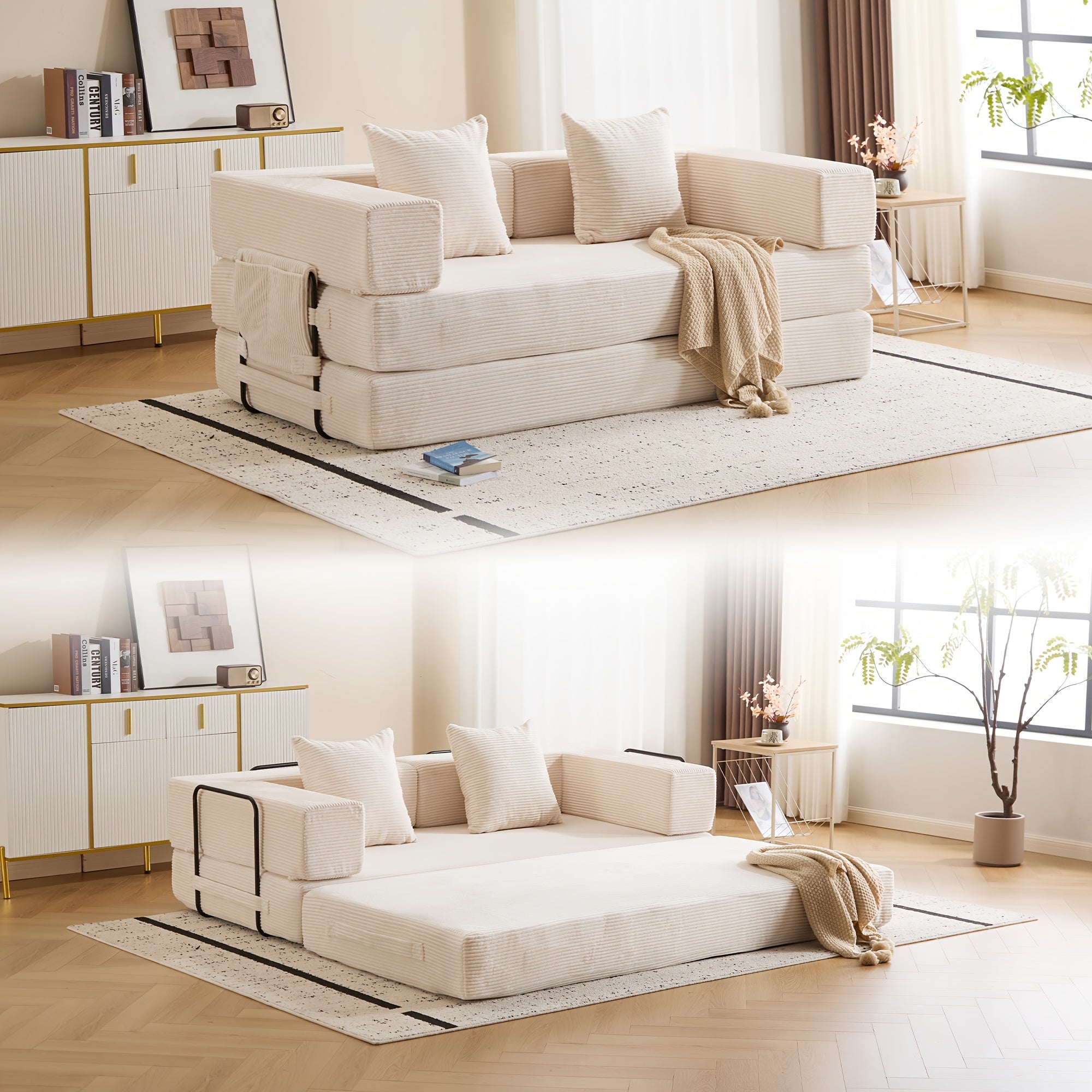 Modular L-shaped chaise longue sofa bed with deep seat and corduroy upholstery
