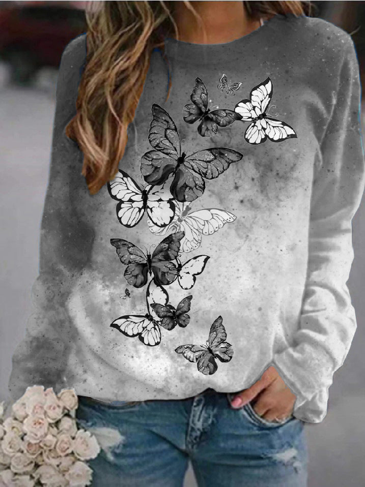 Floral Butterfly Print Loose Casual Pullover Sweatshirt