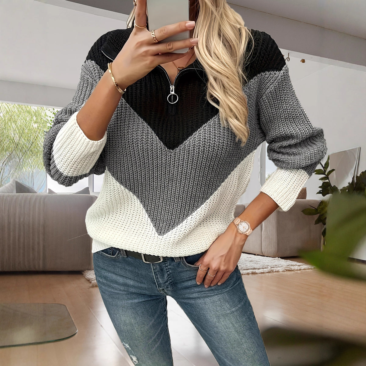 Casual Lapel Contrast-color Long-sleeve Knitted Zip-up Sweater