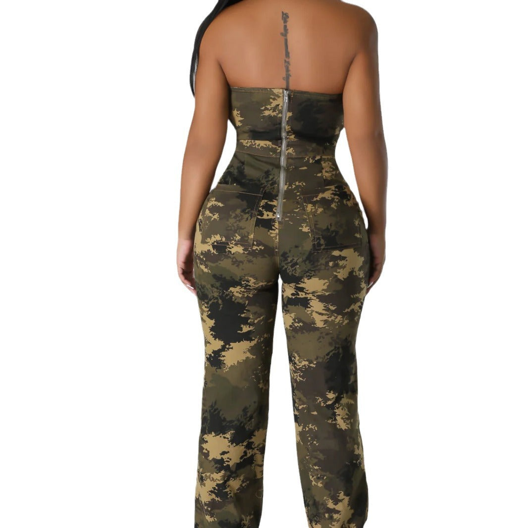 Off-shoulder Camouflage Chic Western-style Womens Jumpsuit