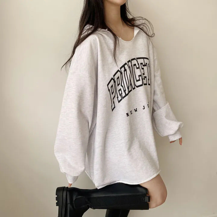 Korean Style Letter Print Loose Hooded Casual Sweater