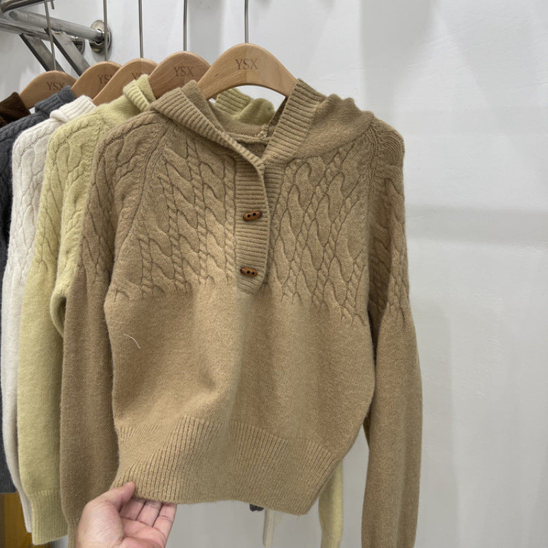 Korean-style Horn-button Cable-knit Sweater for Women