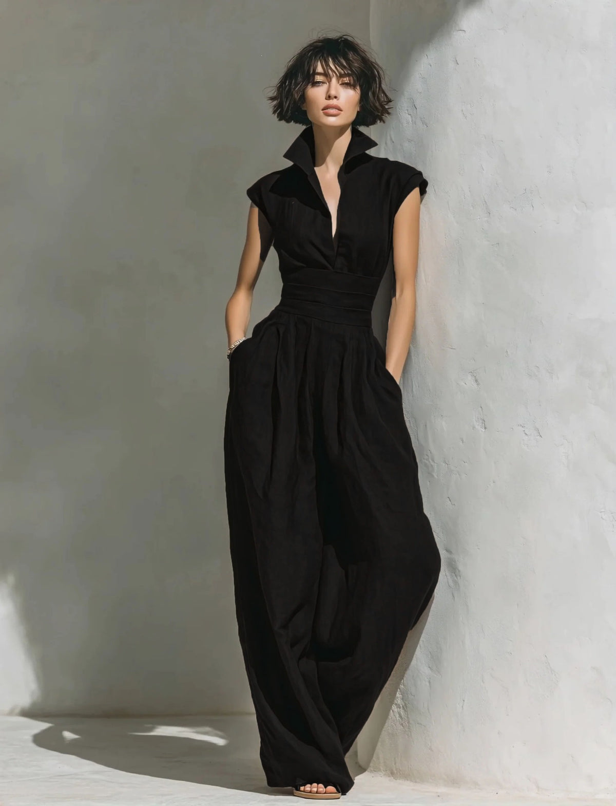 Elegant Pleated Waist-Cinching Solid Women's Jumpsuit