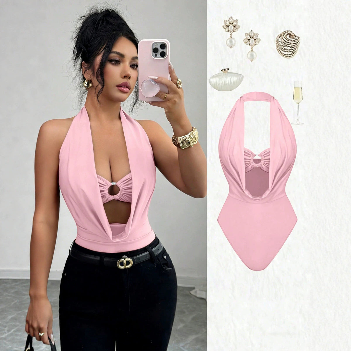 Womens Solid-color Deep V-neck Halter Hollow-out Ring-design Figure-flattering Jumpsuit