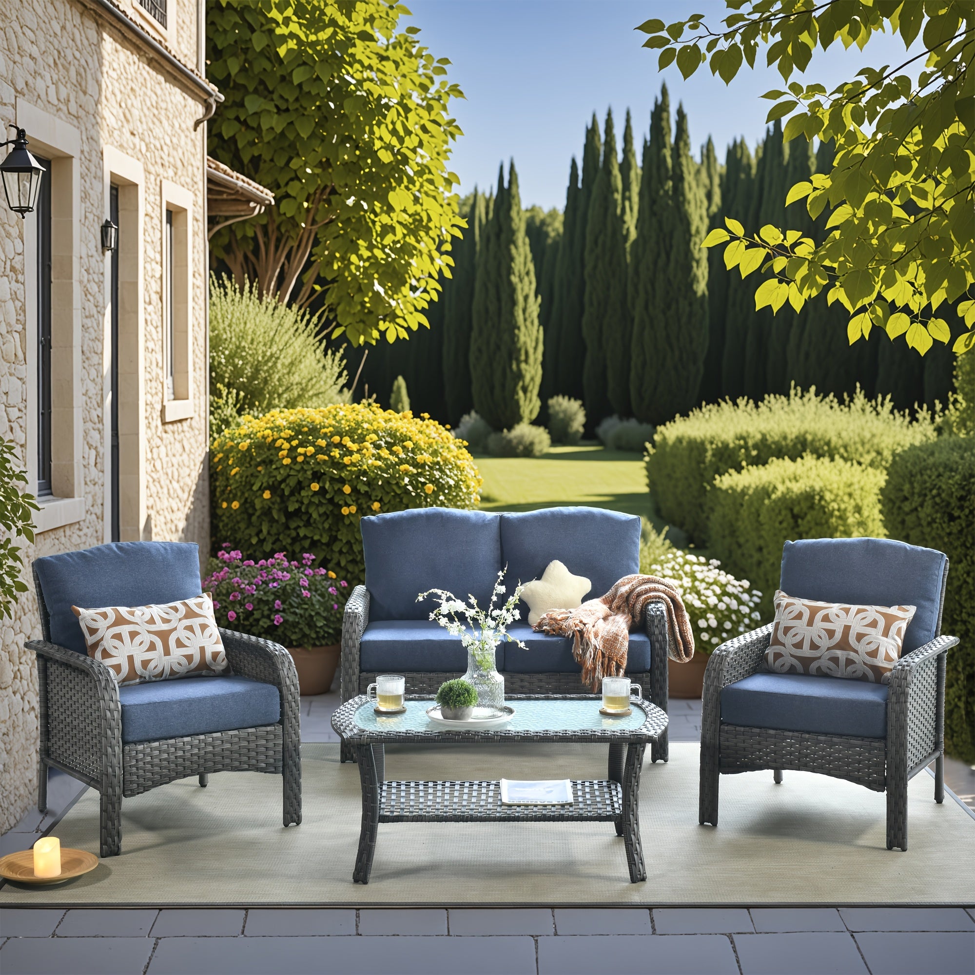 Outdoor Wicker Furniture Collection: Loveseat, Swivel Rocking Chairs, Patio Chairs, Rectangular Table, And Optional Side Table. Made with PE Rattan, Suitable for Patio, Backyard, Pool, Or Garden