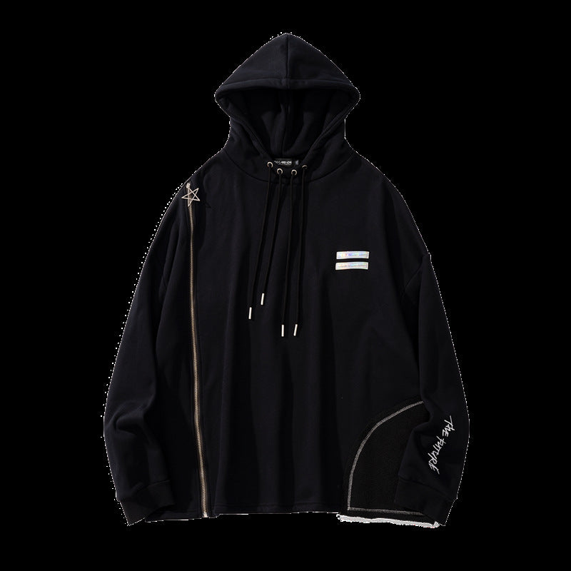 Retro Fleece Zip Hoodie with Drawstring & Pockets