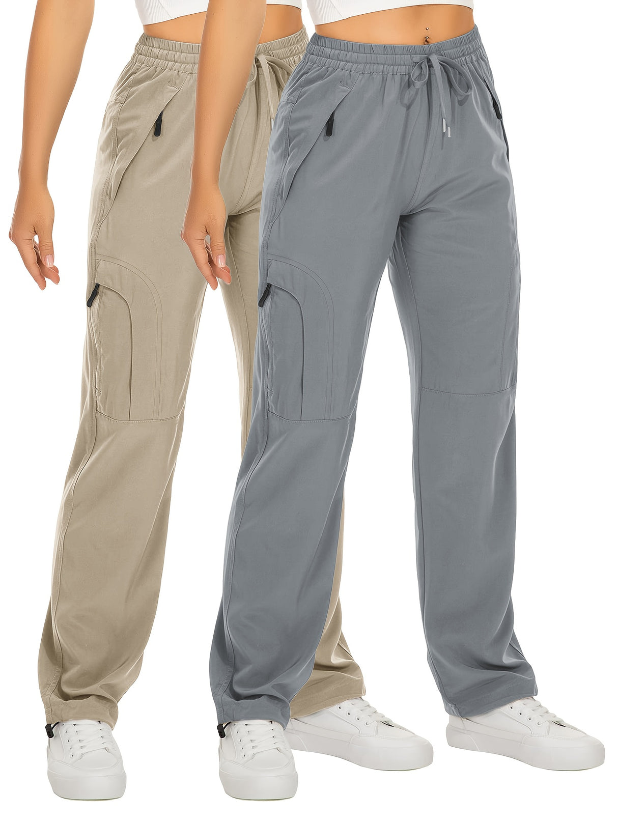 2-Pack Women's Heavy-Duty Outdoor Cargo Pants - Quick-Dry Breathable Work Pants with Multi-Zipper Pockets, Drawstring Waist & Belt Loops, All-Season Beige/Tan Trousers for Hiking, Camping, Travel (...
