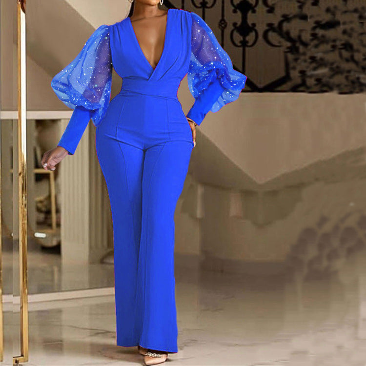 Mesh Long Sleeve Slim Wide Leg Jumpsuit