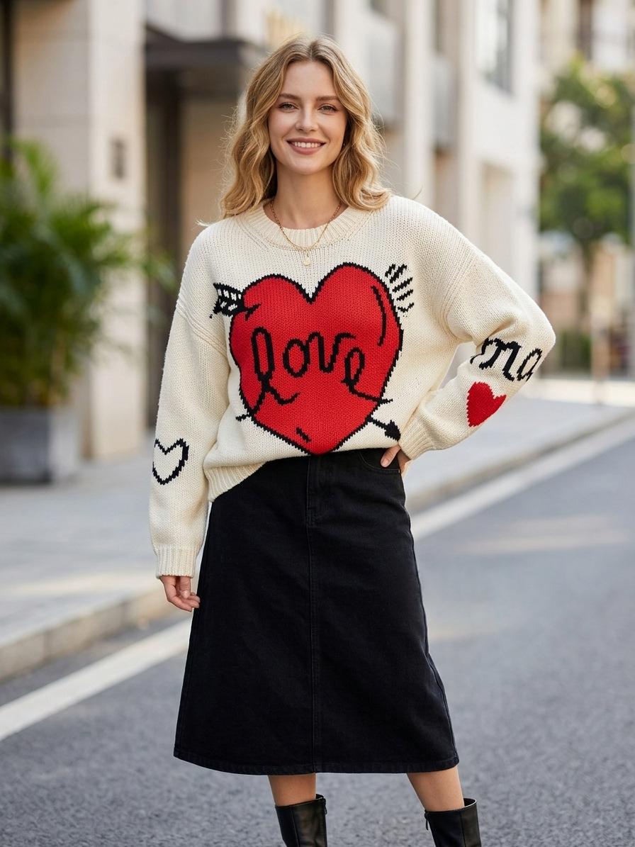 New Heart-pattern Long-sleeve Knit Sweater