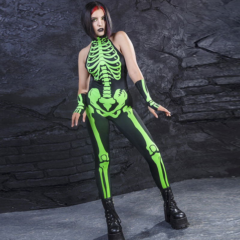 Fluorescent Blue Skull Style Digital Printing Cosplay Tights Cover