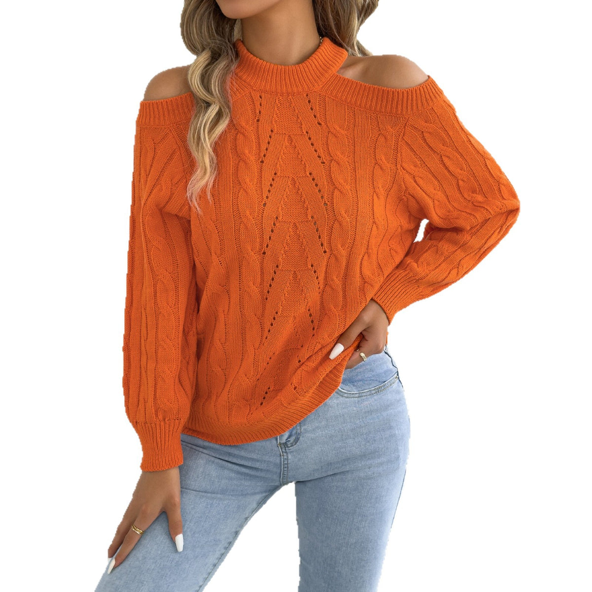 Autumnwinter Casual Solidcolor Hollowout Offshoulder Longsleeve Sweater