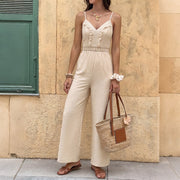Solid-color Lace Fringed Patchwork Strap Jumpsuit Pants