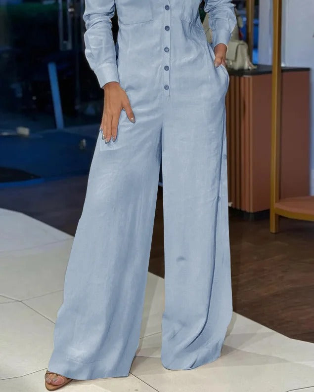 Chic Casual Polo Collar Solid Color Women's Jumpsuit