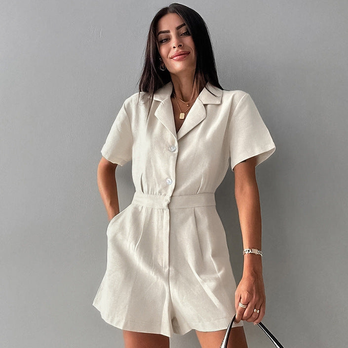 French Cotton Linen High-Waist Casual Jumpsuit