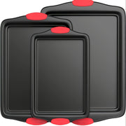 3pcs Carbon Steel Non-stick Kitchen Oven Baking Pan, Luxurious and Fashionable Non-stick Inside and Outside, Commercial Grade Restaurant Quality Metal Baking Pan, with Red Silicone Handle