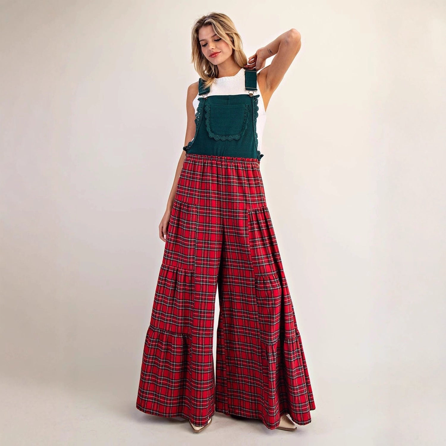 Women's Plaid Wide-Leg Loose Overalls Pants