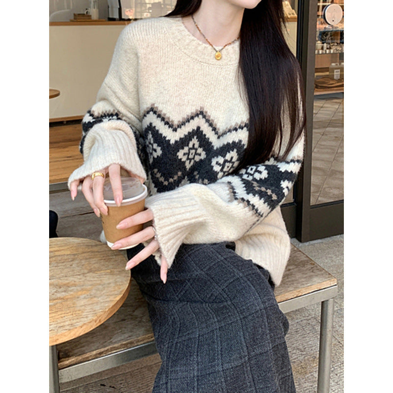 Retro Crew Neck Soft Glutinous Sweater for Women