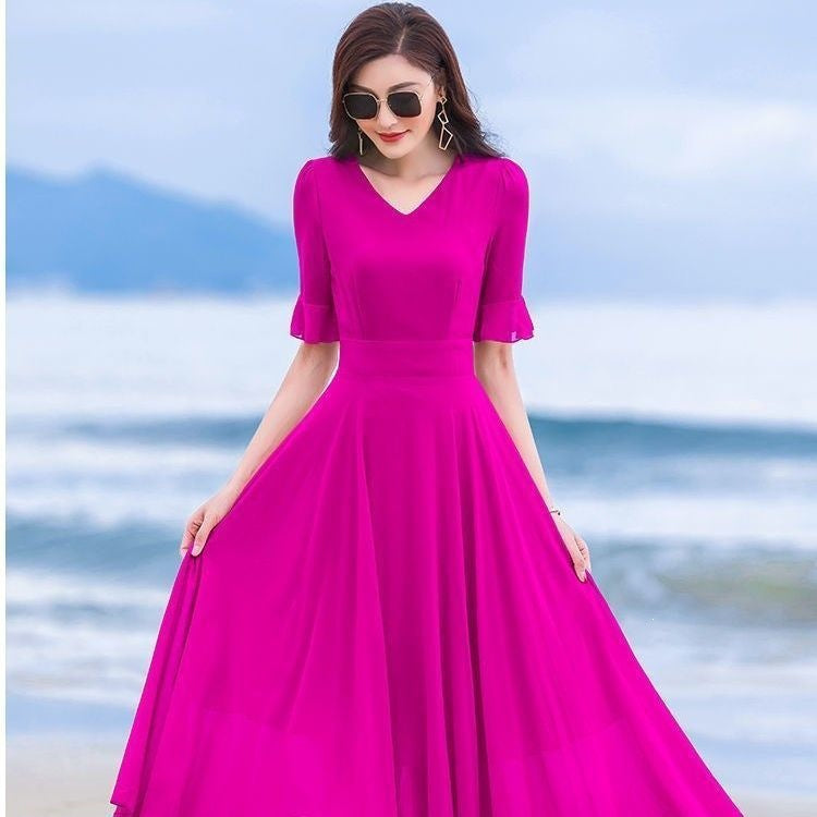 Short-height Long-style Wide-hem Chiffon Dress Ultra-fairy and Elegant Beach Maxi Dress