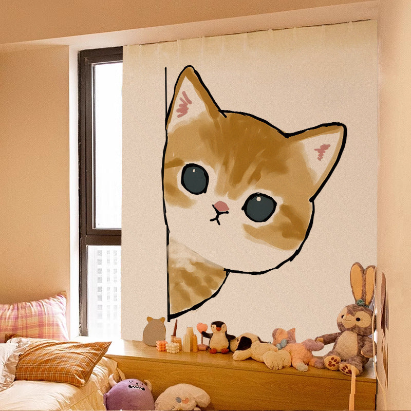 Velcro Curtain Cute Cat Punch-free Installation Shade Cloth Self-adhesive Short