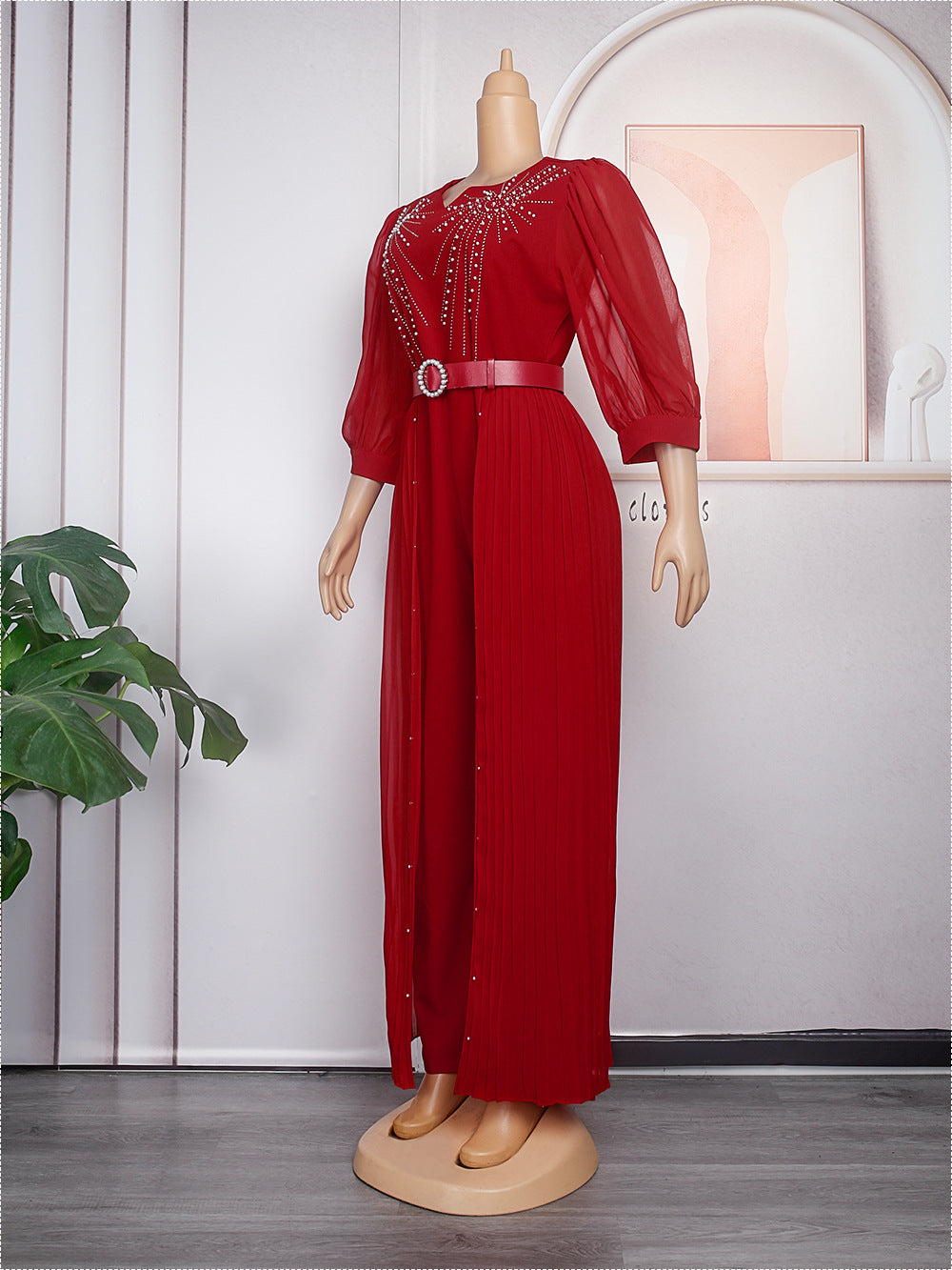 Elegant Rhinestone False Two-Piece Belted Dress